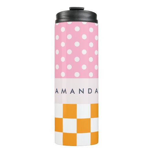 Custom Monogram Pink Orange Polka Dot Karo Thermosbecher (Vorderseite)