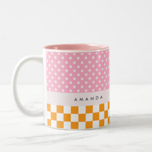 Custom Monogram Pink Orange Polka Dot Karo Zweifarbige Tasse