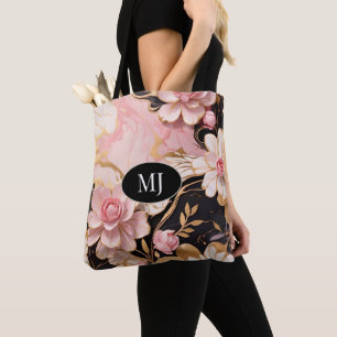 Custom Monogram Pink White Gold Floral Totbeutel Tasche