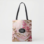 Custom Monogram Pink White Gold Floral Totbeutel Tasche (Vorderseite)
