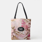 Custom Monogram Pink White Gold Floral Totbeutel Tasche (Rückseite)