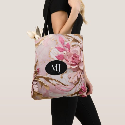 Custom Monogram Pink White Gold Floral Totbeutel Tasche (Von Nahem)