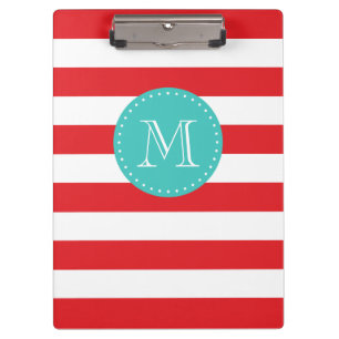 Custom Monogram Red and Turquoise Bold Stripes Klemmbrett