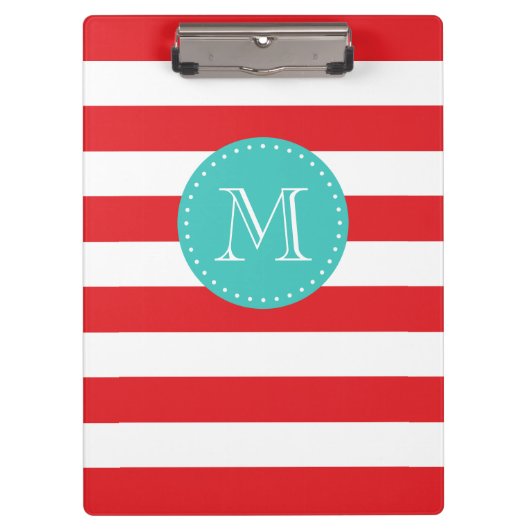 Custom Monogram Red and Turquoise Bold Stripes Klemmbrett (Vorderseite)