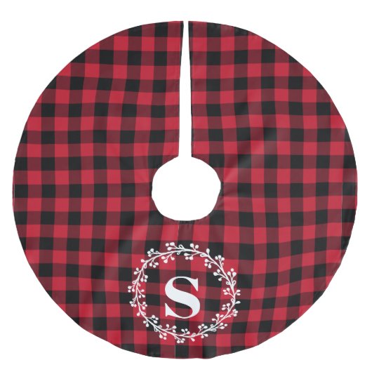 Custom Monogram Red Black Buffalo Kariert Kranz Polyester Weihnachtsbaumdecke (Vorderseite)