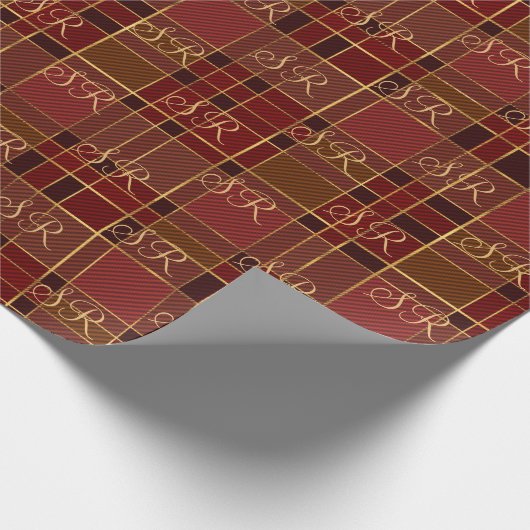 Custom Monogram Red Gold Christmas Kariert Geschenkpapier (Ecke)