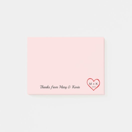 Custom Monogram Red Heart Pink Wedple Post-it Klebezettel (Vorderseite)