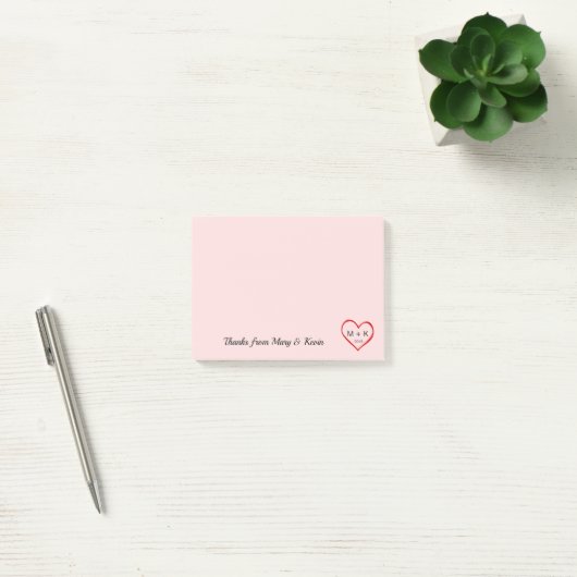 Custom Monogram Red Heart Pink Wedple Post-it Klebezettel (Büro)