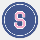 Custom Monogram Retro Typografy Navy Pink Runder Aufkleber (Vorderseite)