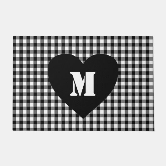 Custom Monogram Script Heft Schwarz & Weiß kariert Fußmatte (Vorderseite)
