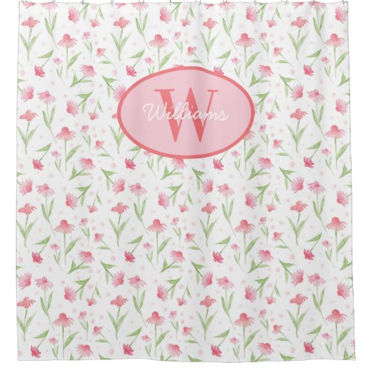 Custom Monogram Showvorhang Rosa Blume Niedlich Duschvorhang (Vorderseite)