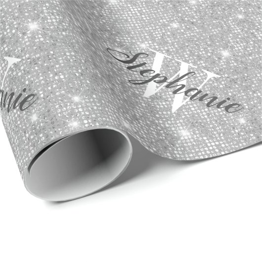 Custom Monogram Silver Glitzer Script Geschenkpapier (Rolleneckpunkt)