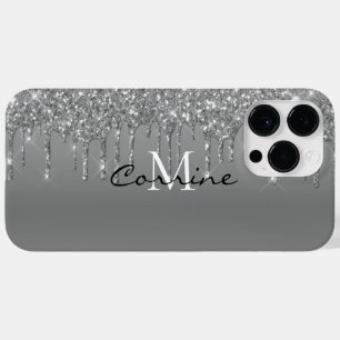 Custom Monogram Silver Glitzer Tropfen Metallic Case-Mate iPhone 14 Pro Max Hülle