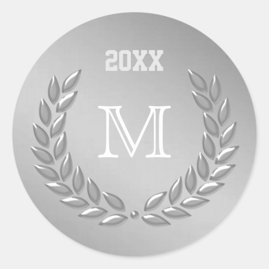 Custom Monogram Silver Grau Laurel Wreath Runder Aufkleber (Vorderseite)