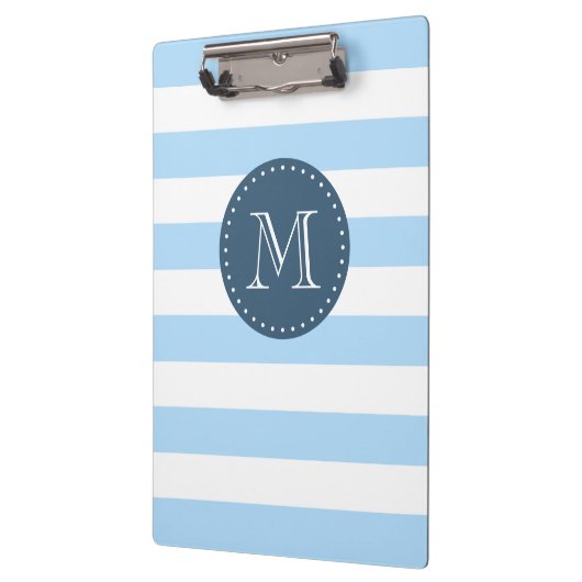 Custom Monogram Sky Blue and Navy Bold Stripes Klemmbrett (Links)
