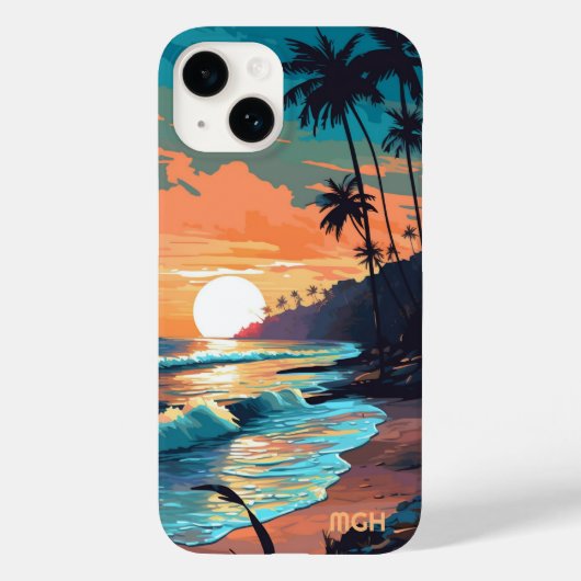 Custom Monogram Tropical Beach Sunset Case-Mate iPhone Hülle (Rückseite)