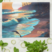 Custom Monogram Tropical Beach Sunset Geschirrtuch (Gefaltet)