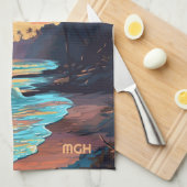 Custom Monogram Tropical Beach Sunset Geschirrtuch (Viertel Falte)
