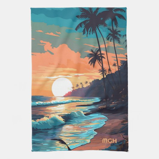 Custom Monogram Tropical Beach Sunset Geschirrtuch (Vertikal)