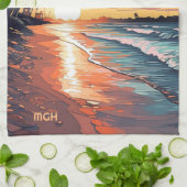 Custom Monogram Tropical Beach Sunset Geschirrtuch (Gefaltet)