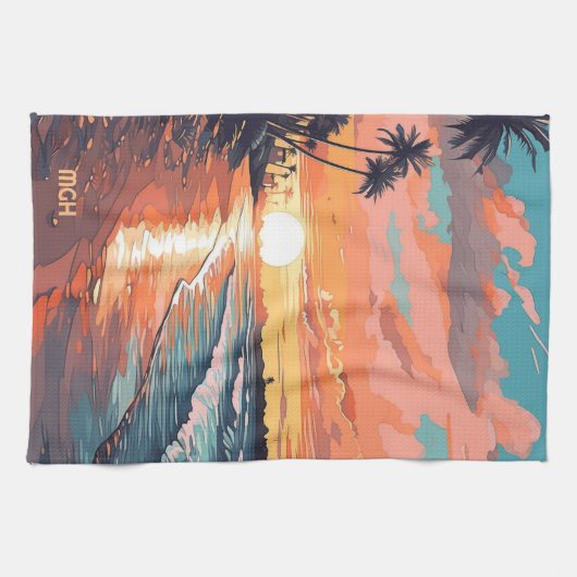 Custom Monogram Tropical Beach Sunset Geschirrtuch (Horizontal)