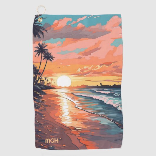Custom Monogram Tropical Beach Sunset Golfhandtuch (Vorderseite)