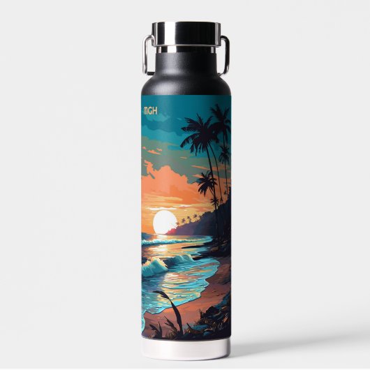 Custom Monogram Tropical Beach Sunset Trinkflasche (Vorne)