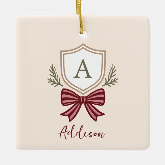 Custom Monogram Wappen Bow Christmas Keramikornament (Vorderseite)