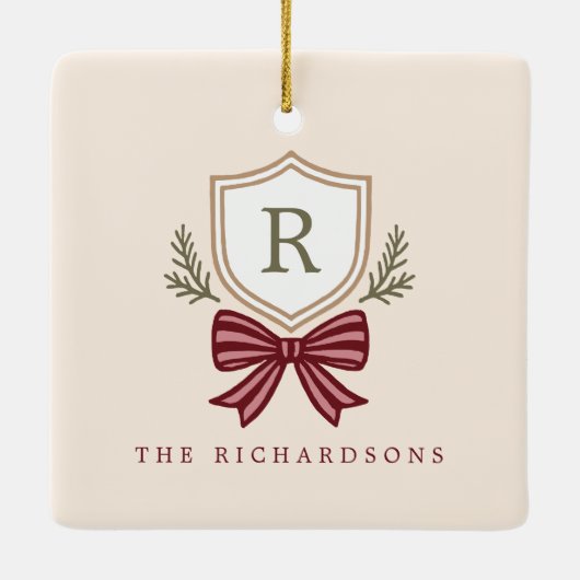 Custom Monogram Wappen Bow Christmas Keramikornament (Rückseite)