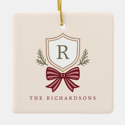 Custom Monogram Wappen Bow Christmas Keramikornament (Vorderseite)