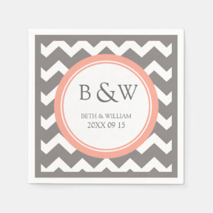Custom Monogram Wedding Napkin Coral Gray Zickzack Serviette