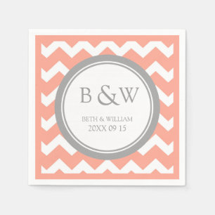 Custom Monogram Wedding Napkin Coral Gray Zickzack Serviette