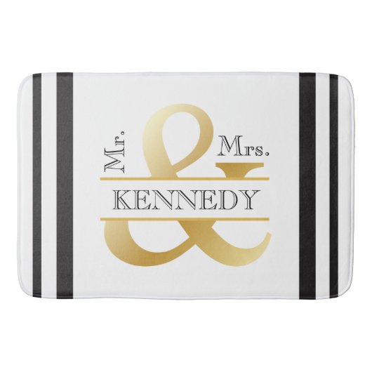 Custom Monogram Wedding Schwarz-weiß Gold Badematte (Vorderseite)