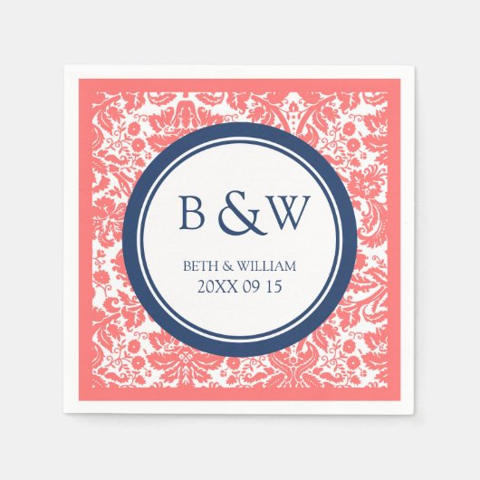 Custom Monogram Wedkin Coral Blue Damask Serviette (Vorderseite)