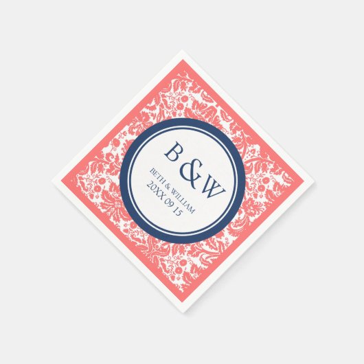 Custom Monogram Wedkin Coral Blue Damask Serviette (Ecke)
