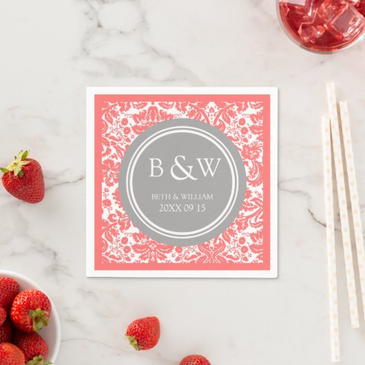 Custom Monogram Wedkin Coral Gray Damask Serviette (Beispiel)