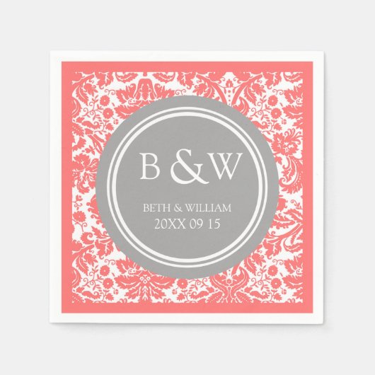 Custom Monogram Wedkin Coral Gray Damask Serviette (Vorderseite)