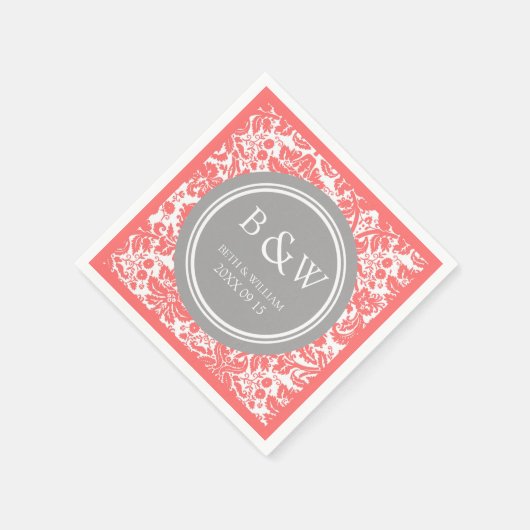 Custom Monogram Wedkin Coral Gray Damask Serviette (Ecke)