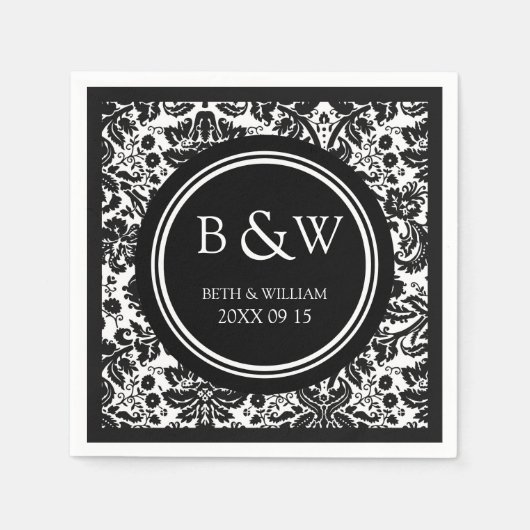 Custom Monogram Wedkin Schwarz-weiß Damask Serviette (Vorderseite)