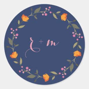 Custom Monogram Whimsical Floral Wreath Wedding Runder Aufkleber