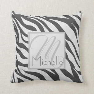Custom Monogram White and Dark Grau Zebra Stripes Kissen