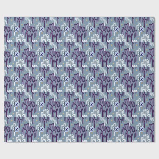 Custom Monogram Willow Tree Blue Wrapping Paper Geschenkpapier (Flach)