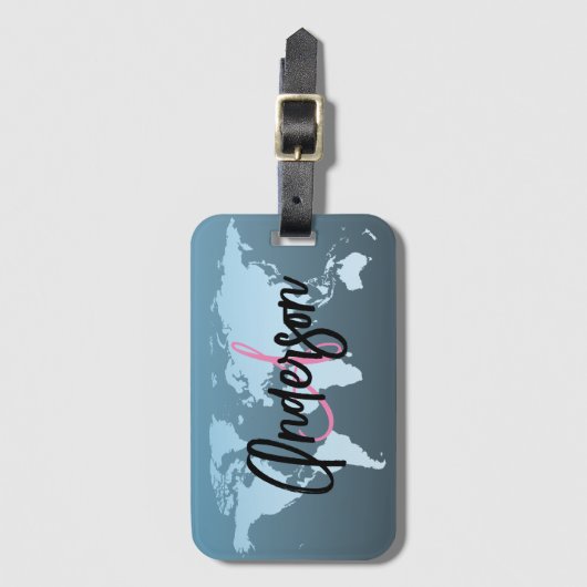 Custom Monogram World Traveller Pink Map Name Gepäckanhänger (Vorderseite Vertikal)