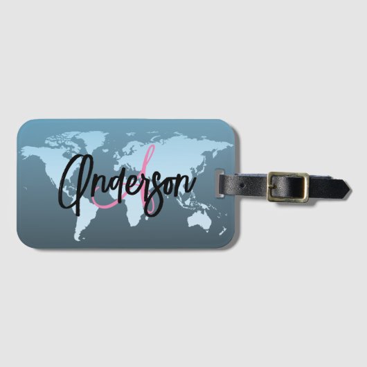 Custom Monogram World Traveller Pink Map Name Gepäckanhänger (Vorderseite (Horizontal))