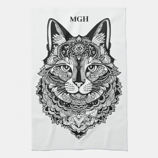 Custom Monogram Zierkatze Geschirrtuch (Vertikal)