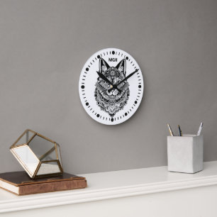 Custom Monogram Zierkatze Runde Wanduhr