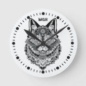 Custom Monogram Zierkatze Runde Wanduhr (Vorderseite)