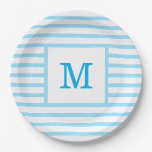 Custom Monogramm Baby Blue und White Strips Pappteller