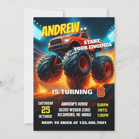 Custom Monster Truck Cars Birthday Party  Einladung (Vorderseite)