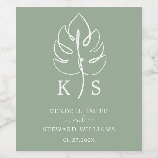 Custom Monstera Monogram Wedding Logo Weinetikett (Einzelnes Label)